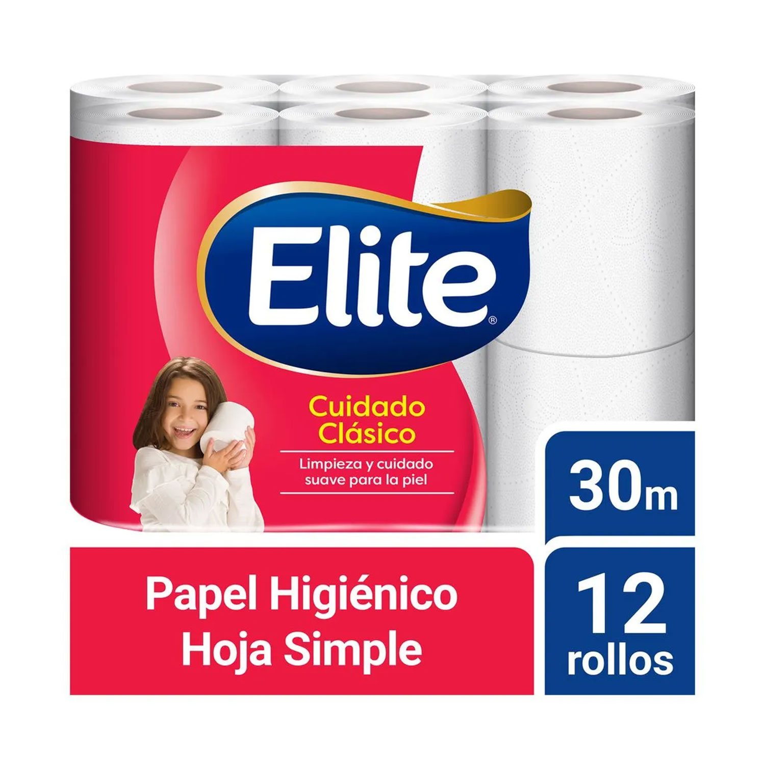 Papel Higiénico Elite Cuidado Clásico Hoja Simple 30 Metros X 12 U Leburé